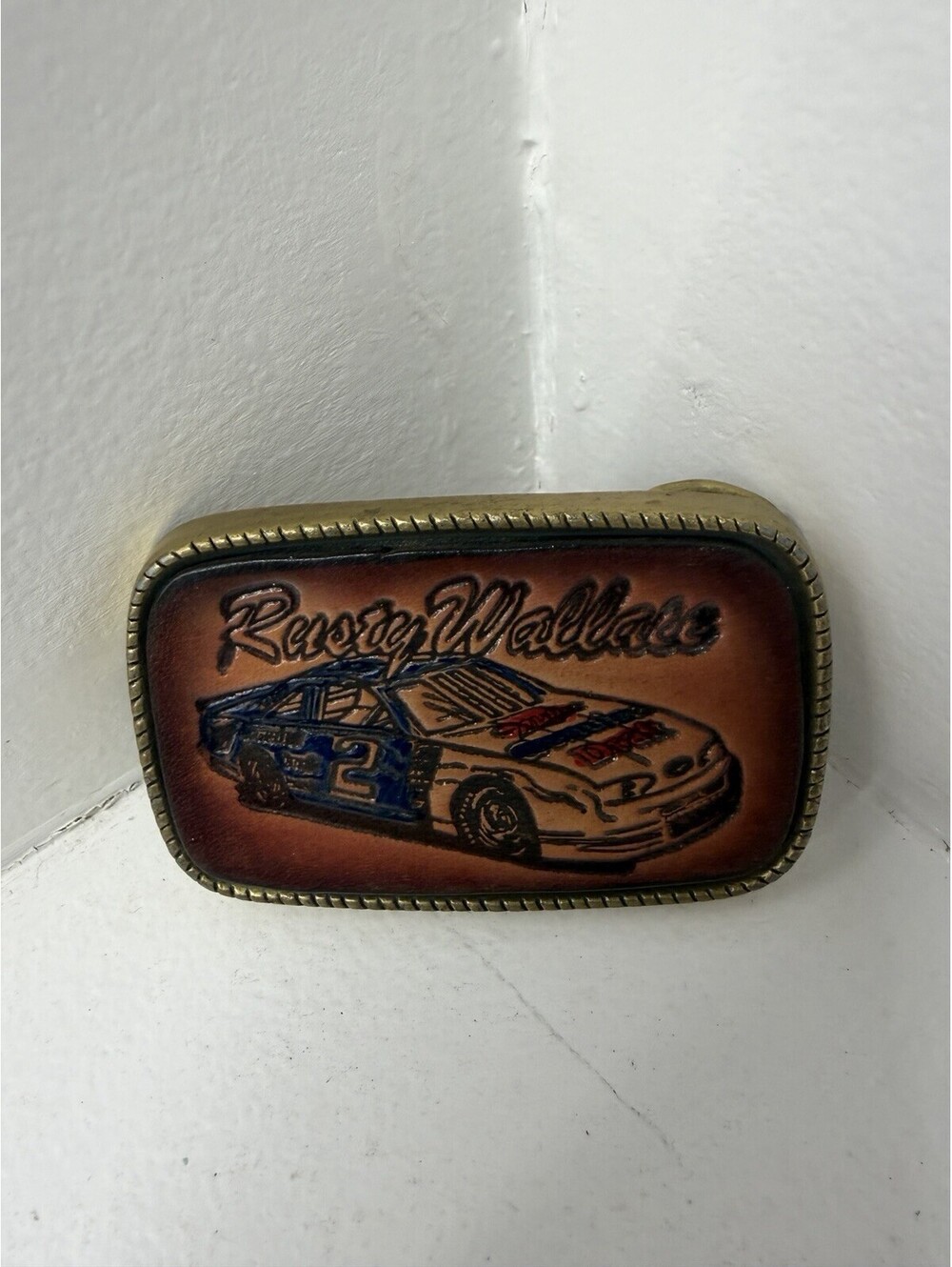 Vintage NASCAR  Rusty Wallace #2 Race Car Belt Buckle Leather Over Metal - RARE